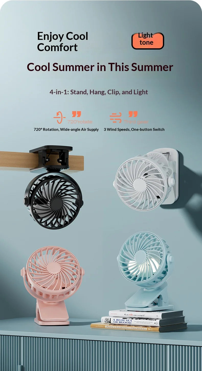 HOMEFISH Portable Rechargeable Clip Fan 720° Rotatable Hanging Fan with Night Light Air Cooler for Outdoor Camping Fan