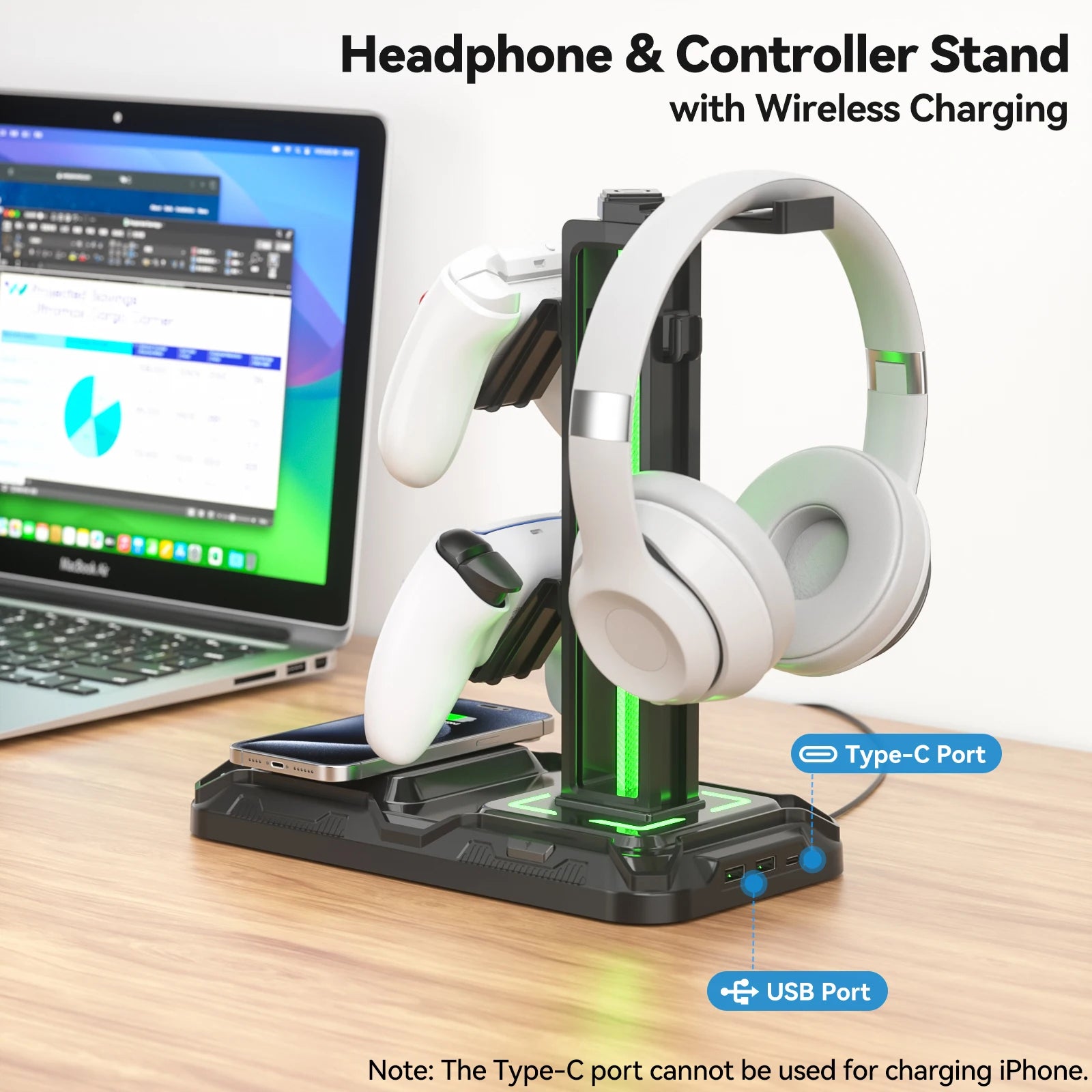 Headphone & Controller Stand with Wireless Charging Rotatable Headset Stand with 9 Light Modes Controller Holder with EU plug