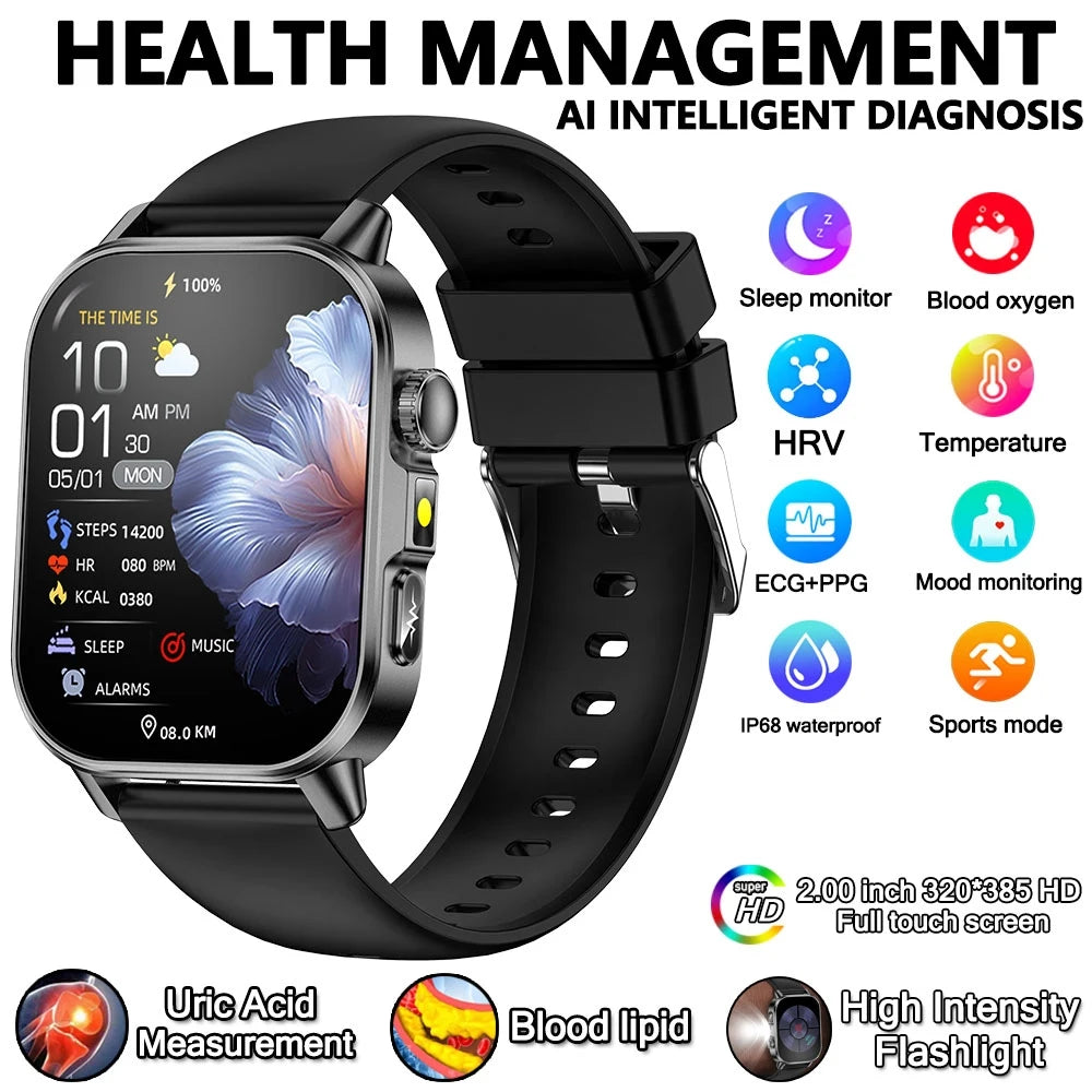 2026 New Model Uric Acid & Lipid Health Analysis Smartwatch Men's ECG+PPG Bluetooth Call 2.01 inch Flashlight Smartwatch Women's