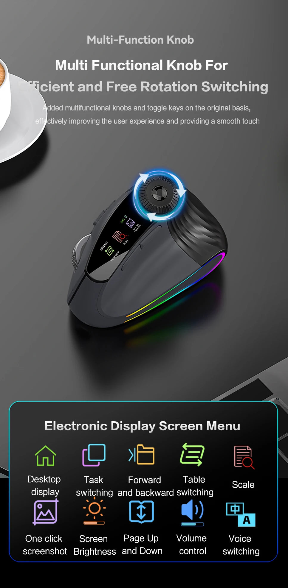 JOMAA Backlit Bluetooth Wireless Vertical Mouse With OLED Screen Rechargeable USB Wired Gaming Mouse 24000DPI Speed ​​Roller