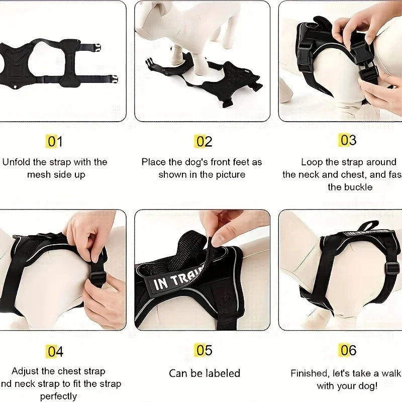 Anti-Pull Tactical Dog Harness with Night Reflective Strips, Heavy-Duty Nylon Military-Grade Vest-Style Leash for Large Dog