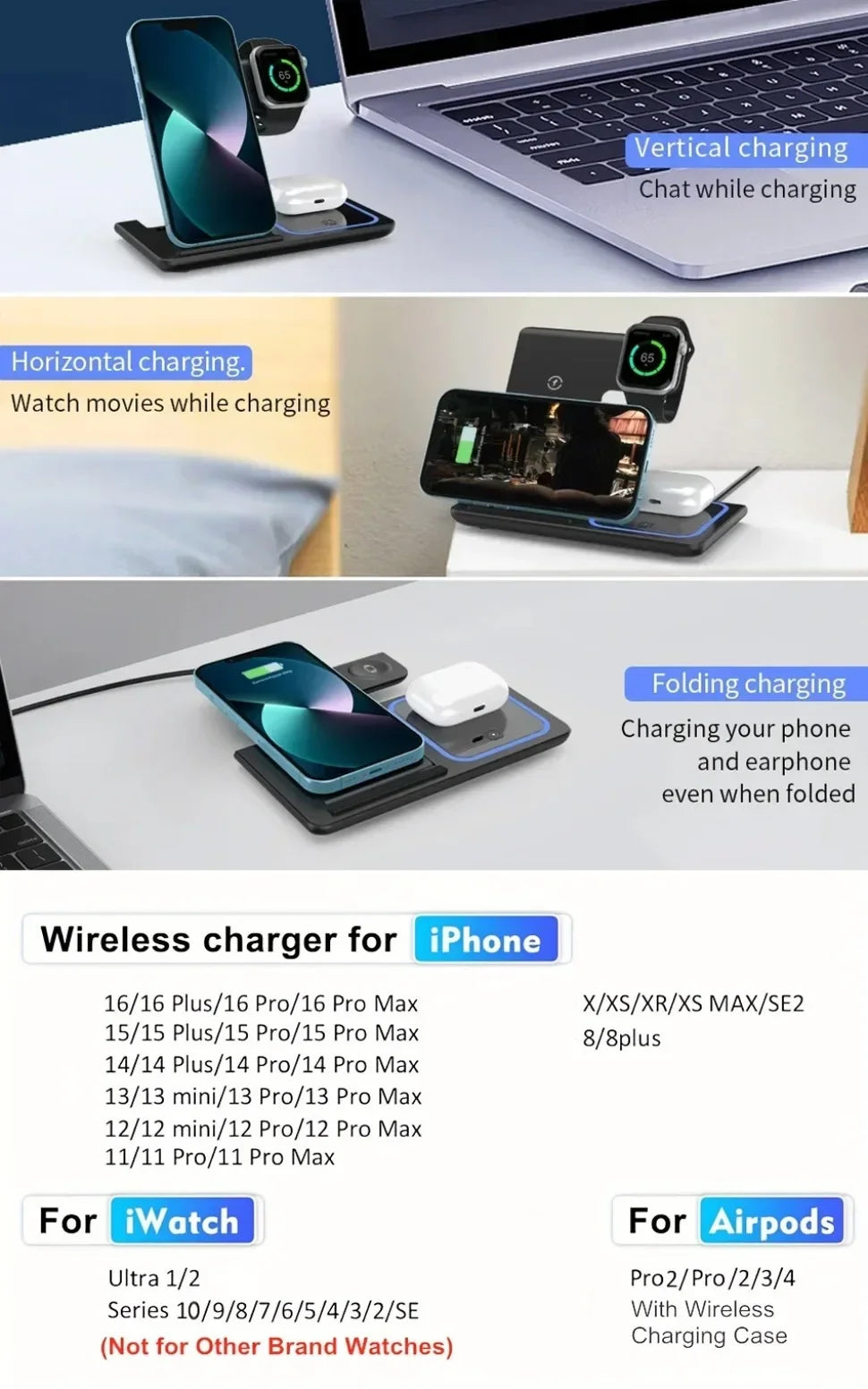 3-in-1 Foldable Wireless Charging Station 30W for iPhone 17 16 15 14 13 12 Pro Max iWatch 11 Airpods Pro Fast Charger Stand Dock