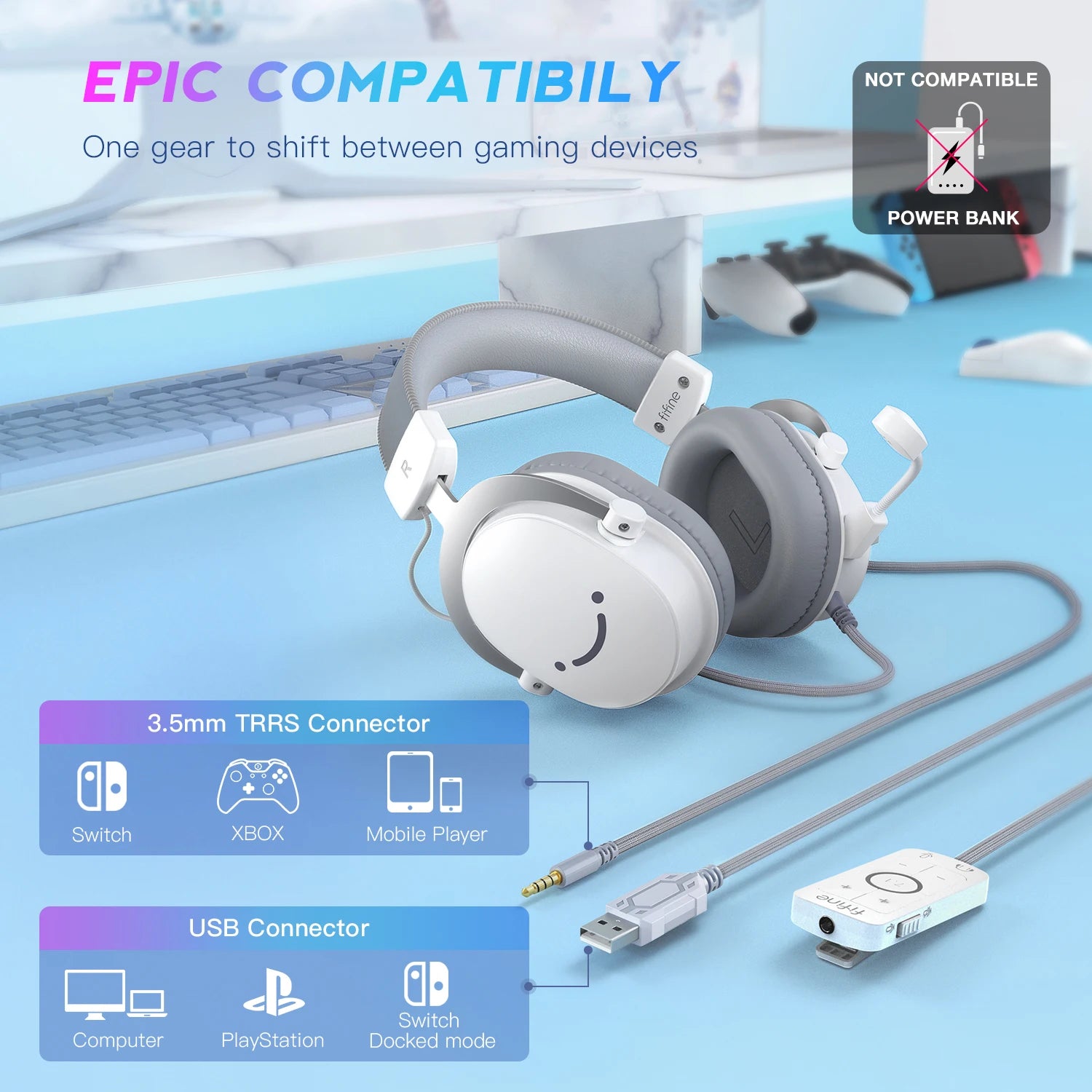 FIFINE H9W — Headset Gaming 7.1 USB/3.5 mm com Mic Over‑Ear para PC/PS5