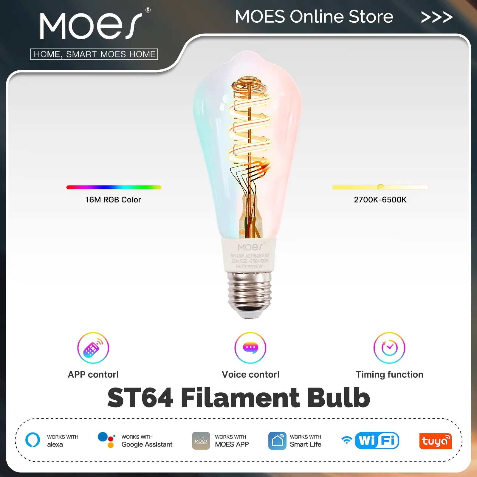 MOES Tuya ST64 Smart Bulb — LED RGB 2700–6500K WiFi Alexa