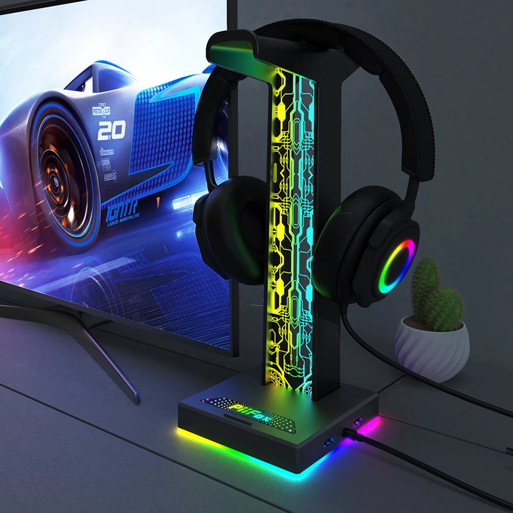RGB Lights Headphone Stand with 10 Lighting Modes, Dual USB Port, Touch Control Strip Light for all Gaming Headsets, PC Stand