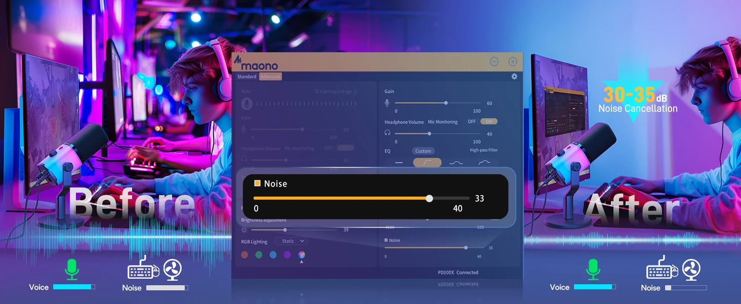 MAONO PD100X — Microfone Dinâmico USB/XLR com Noise Reduction, Mute e RGB