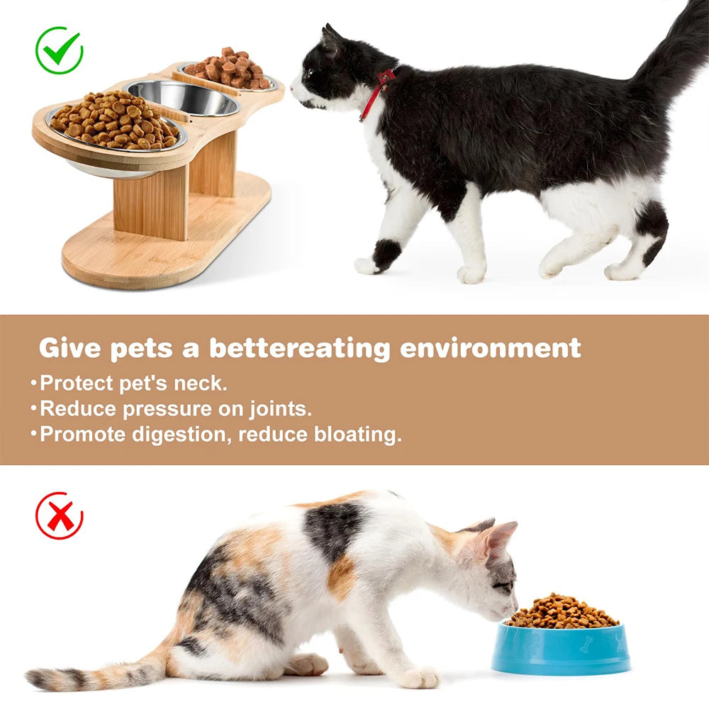 Raised Cat Feeder 3 Bowls in 1 Food and Water Supplies 15° Raised Puppy 3 Stainless Steel Bowls Wooden Cat Accessories