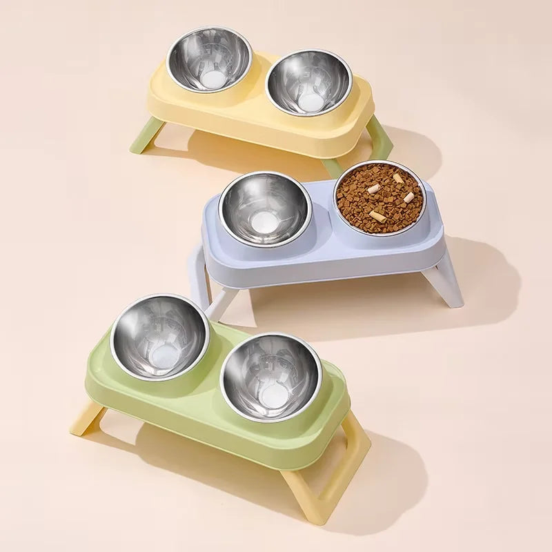 Foldable Stainless Steel Elevated Pet Bowl - Dual Dish Non-Slip Anti-Tip Raised Feeder with Neck Support for Cats Dogs