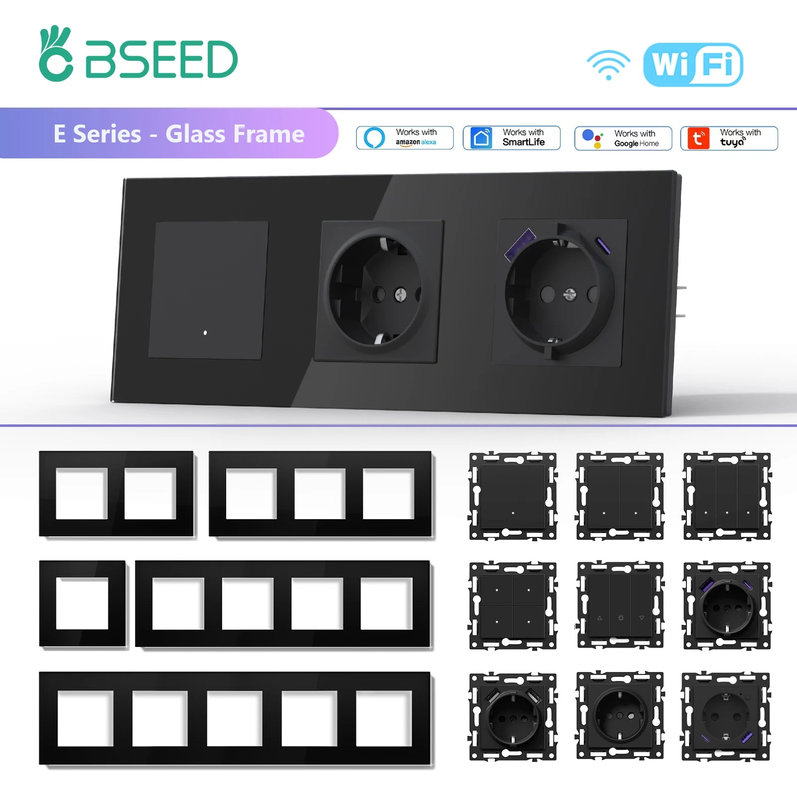 BSEED WiFi Smart Switch Parts — Dimmer, Cortina, Tomadas EU e USB‑C