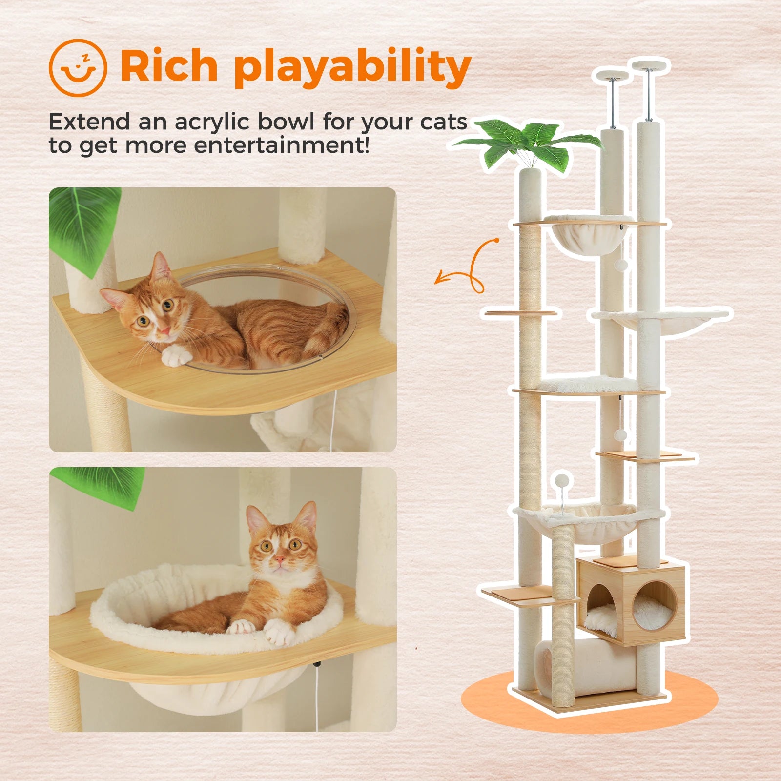 Height Adjustable Wooden Cat Tree with Large Hammock Sisal Scratching Posts Floor to Ceiling Cat Tower Cozy Cat Condo for Indoor