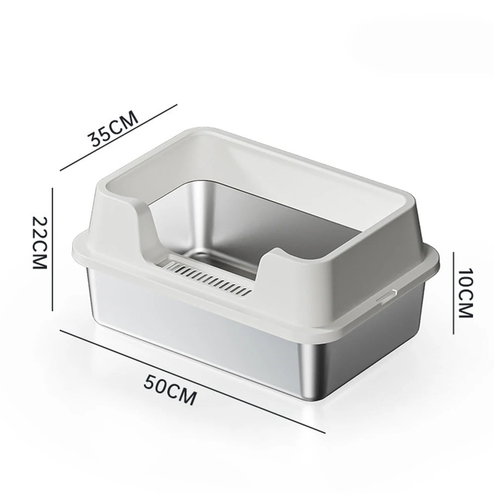 Stainless Steel Cat Litter Box with Lid and Scoop for Big Cat XL Metal Litter Pan Tray with High Wall Sides Enclosure Non-Sticky
