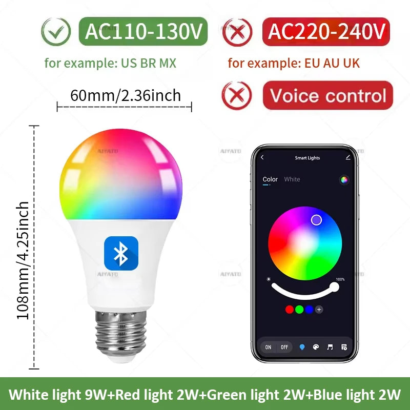 15W 18W E27 Tuya Bluetooth Smart Bulb 110V 220V LED RGBCW Light APP Control Timing Smart Life APP Adjust Music Rhythm
