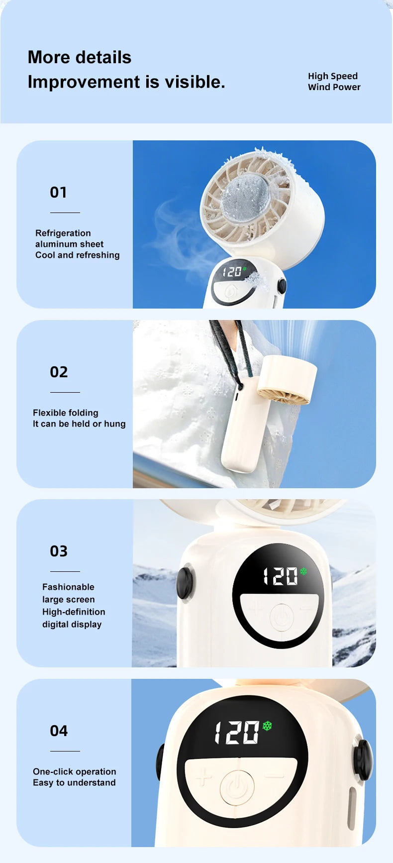 Outdoor Handheld Cold Compress Fan 3600mAh Quite High-speed Cold Air USB Rechargeable Mini Turbo Fan with Lanyard Portable Fan