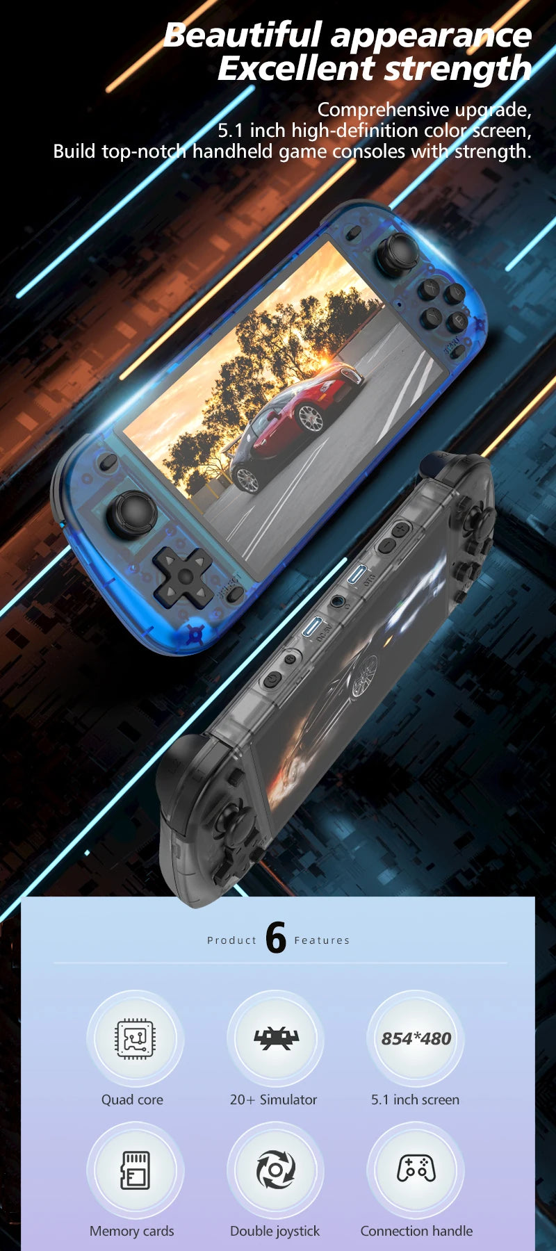 New R50S Retro Handheld Game Console 5.1 Inch Large Screen Linux System 854*480 4200mAh Video Gaming Player Boy Gifts