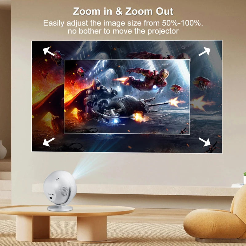 Projetor Portátil 4K — Android, WiFi6, BT5.0, Auto Keystone, Rotação 360°