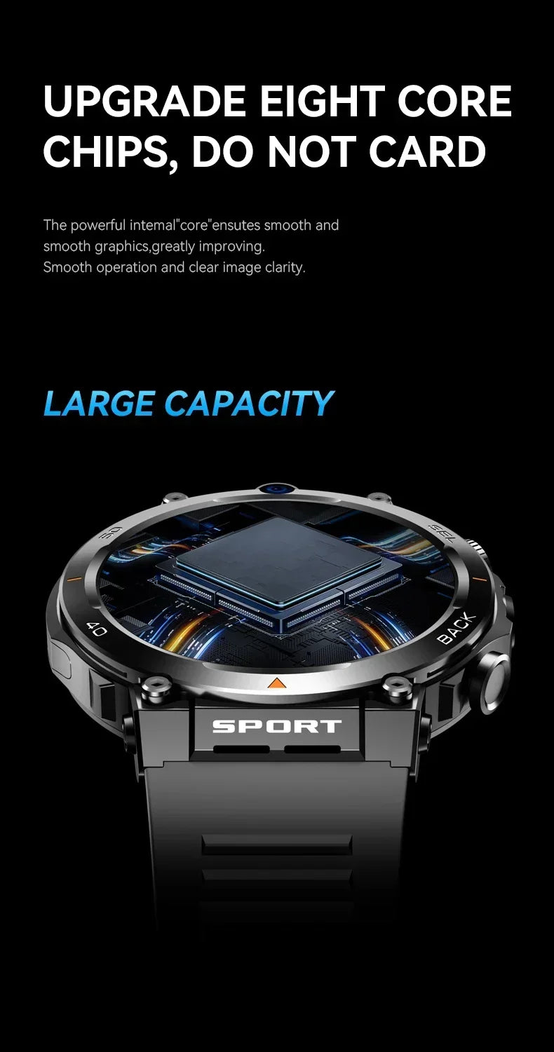H10 4G LTE Men's Smartwatch: Dual 500W camera for video calls, 4 + 128 GB, WiFi NFC, 1380mAh battery