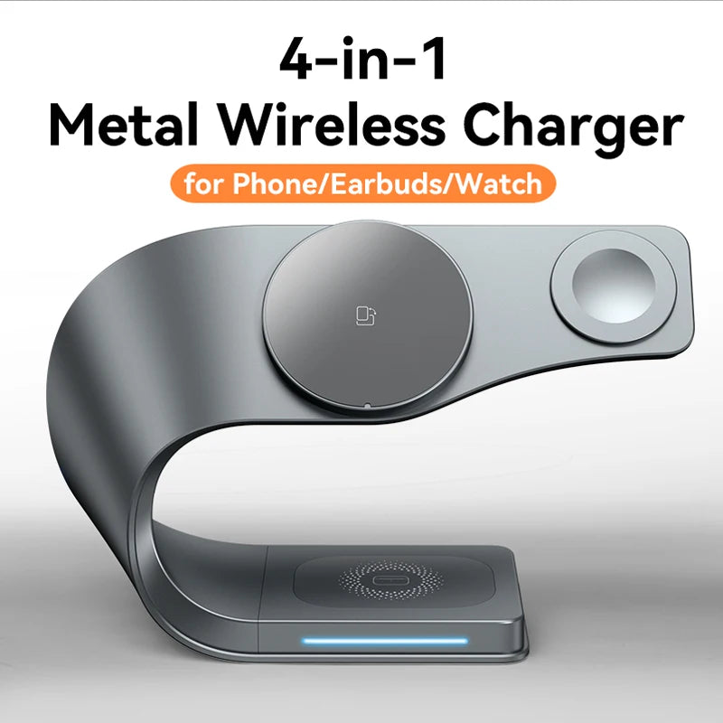 4 in 1 Wireless Charger Metal Shell Magnetic 15W Fast Charging Station Stand for iPhone 12-17 Mobile Phones Airpods Apple Watch