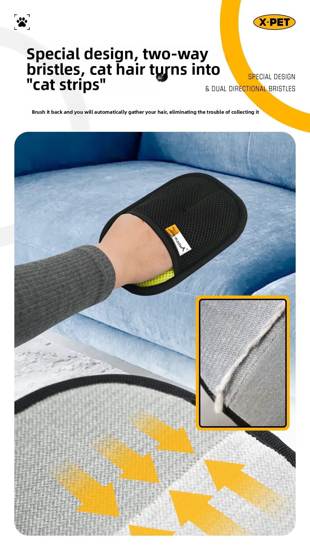 2 in 1 Pet Hair Removal Mitts for Cats Dogs Electrostatic Grooming Glove Reusable Washable with Lint Roller Brush Safe Non Toxic