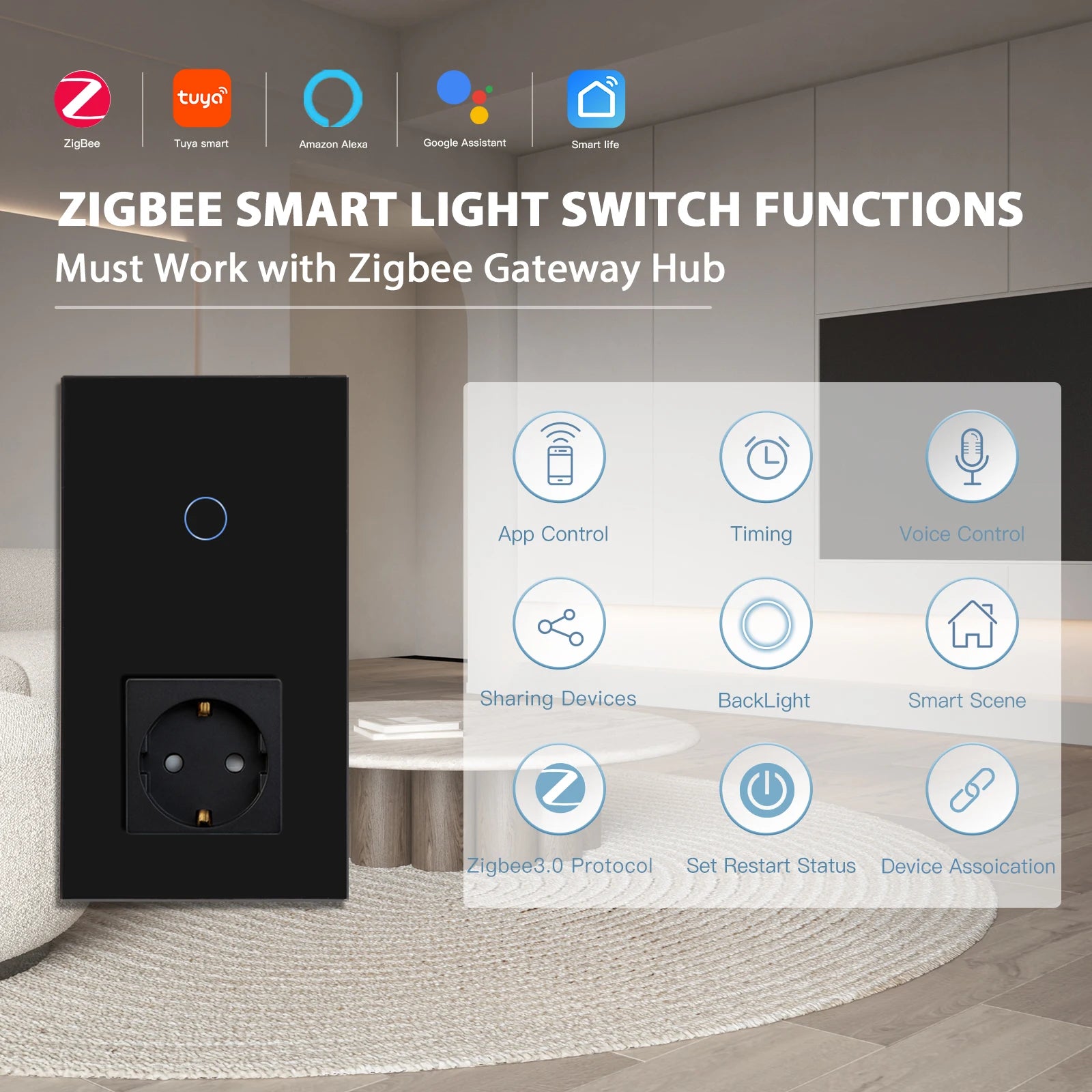 BSEED Zigbee Touch Switch — 1/2/3 Gang + Tomadas EU com Neutro