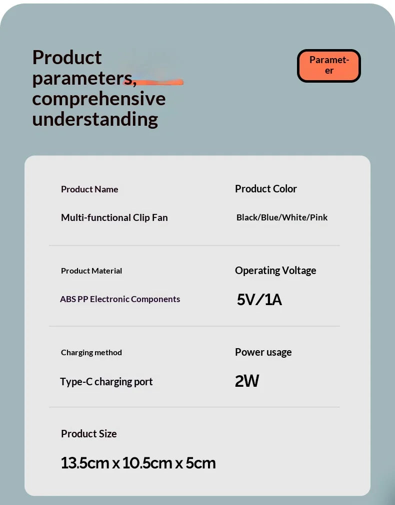 HOMEFISH Portable Rechargeable Clip Fan 720° Rotatable Hanging Fan with Night Light Air Cooler for Outdoor Camping Fan