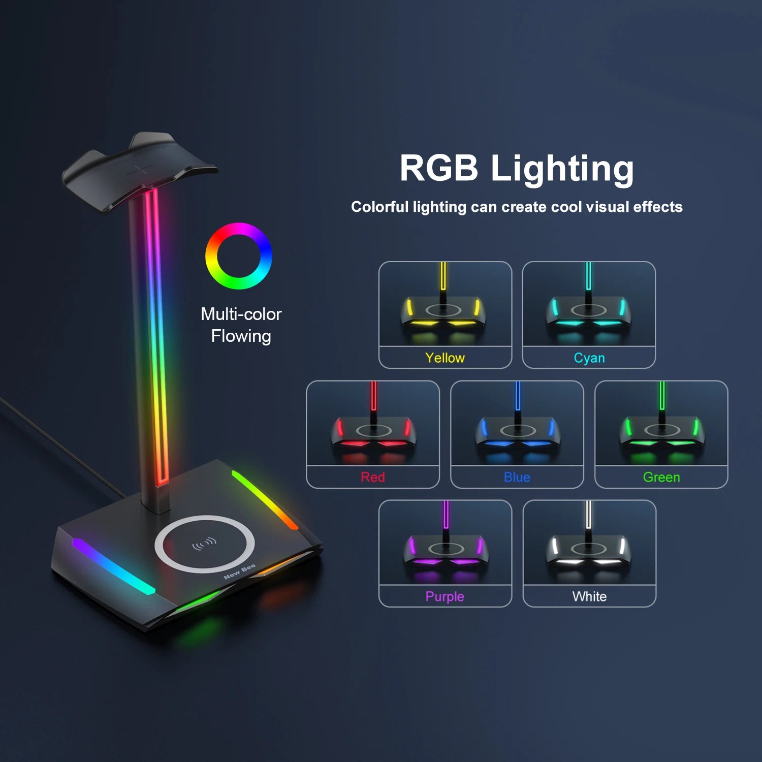 New Bee Z12 RGB Headset Stand Holder with Wireless Charger, Desk Base, Gaming Headphones Holder, Non-Slip Rubber Base