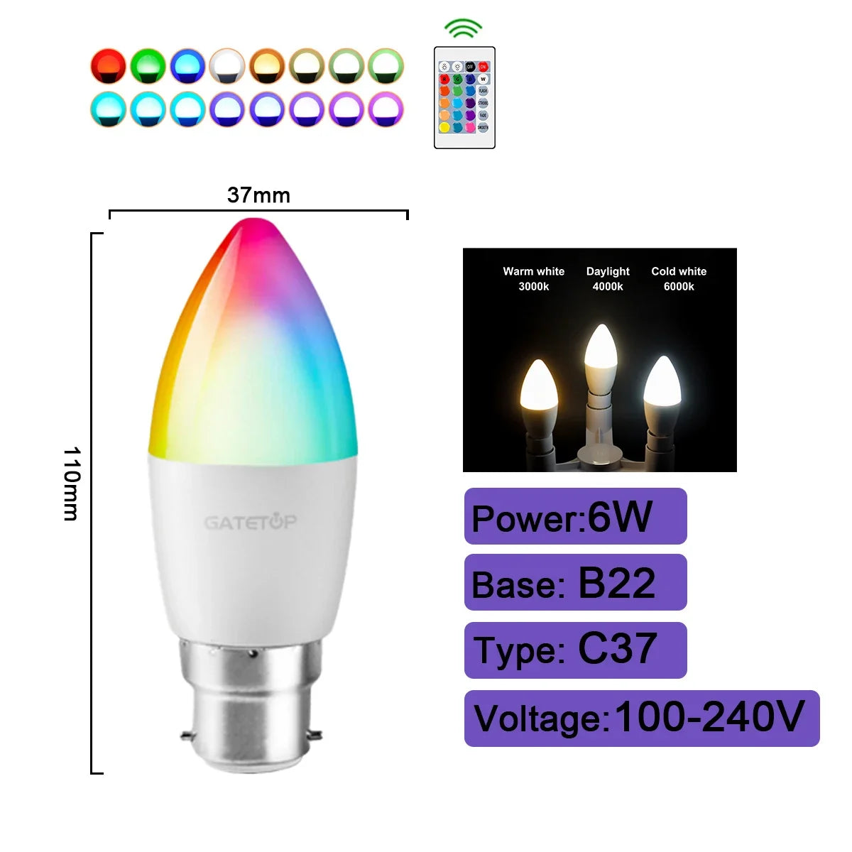 1-10PCS Smart RGBW LED Bulb Spotlight E27 E14 B22 GU10 6W 10W with infrared remote control suitable for colorful home lighting.