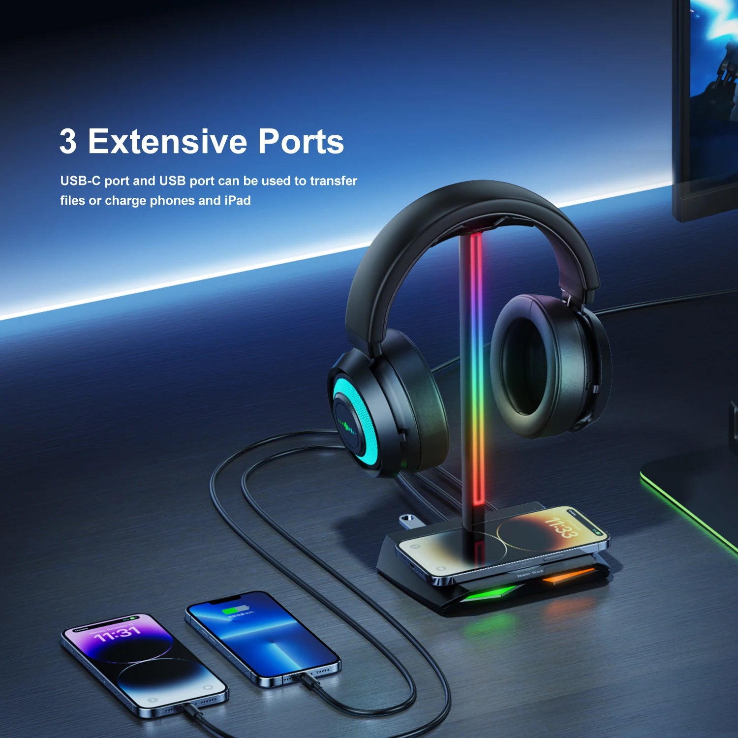 New Bee Z12 RGB Headset Stand Holder with Wireless Charger, Desk Base, Gaming Headphones Holder, Non-Slip Rubber Base