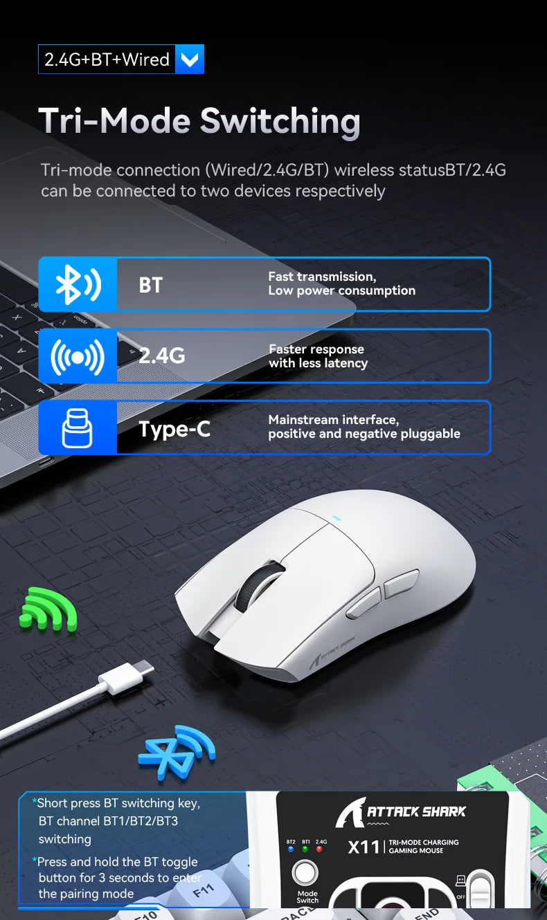 Attack Shark X11SE X11 PAW3311 Bluetooth Mouse, Tri-mode connectivity, Magnetic charging dock, Touchscreen, Ultralight gaming mouse