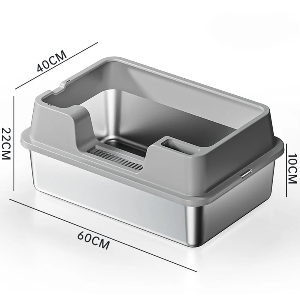 Stainless Steel Cat Litter Box with Lid and Scoop for Big Cat XL Metal Litter Pan Tray with High Wall Sides Enclosure Non-Sticky