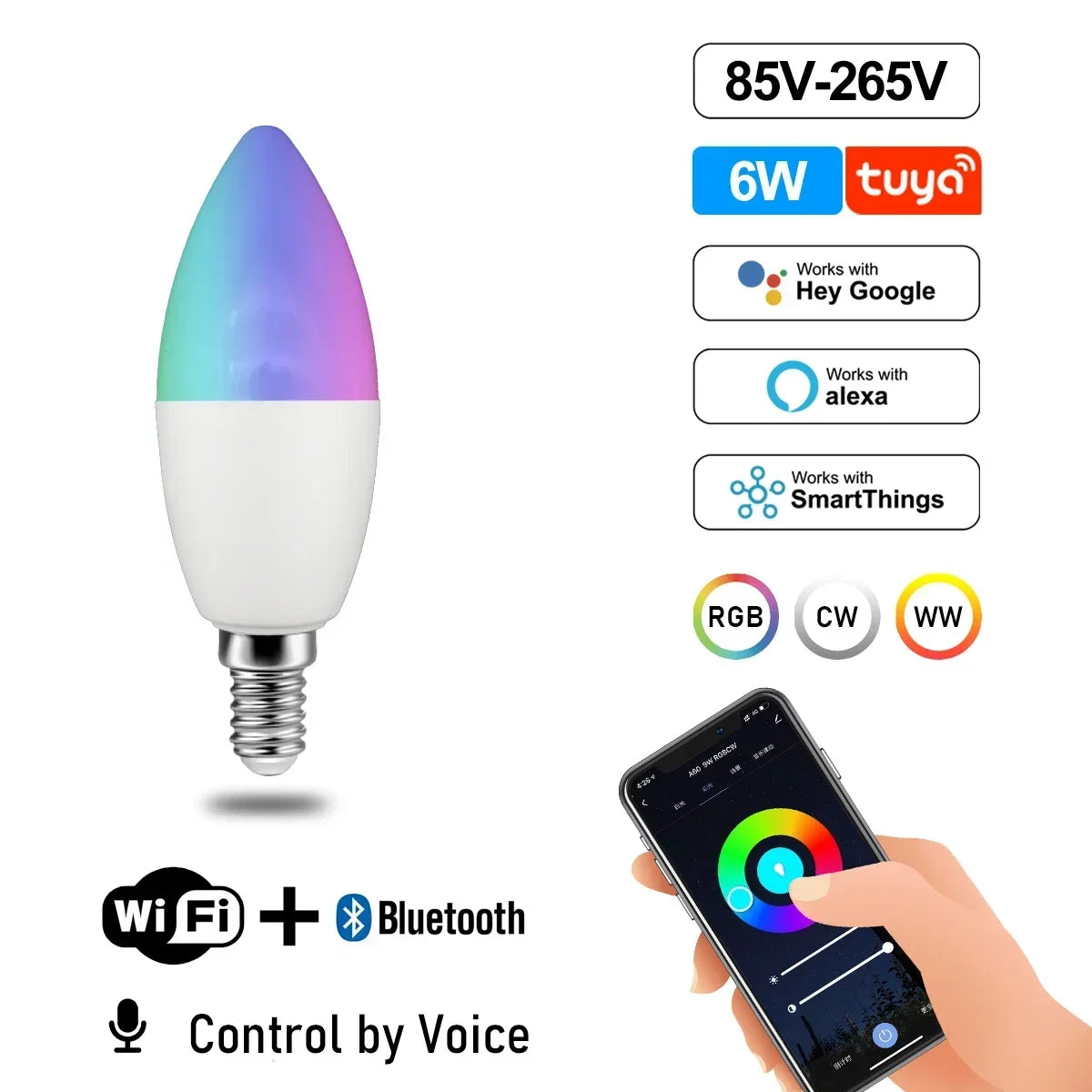 Lâmpada Smart RGB Wi‑Fi Tuya Compatível com Alexa e Google Home