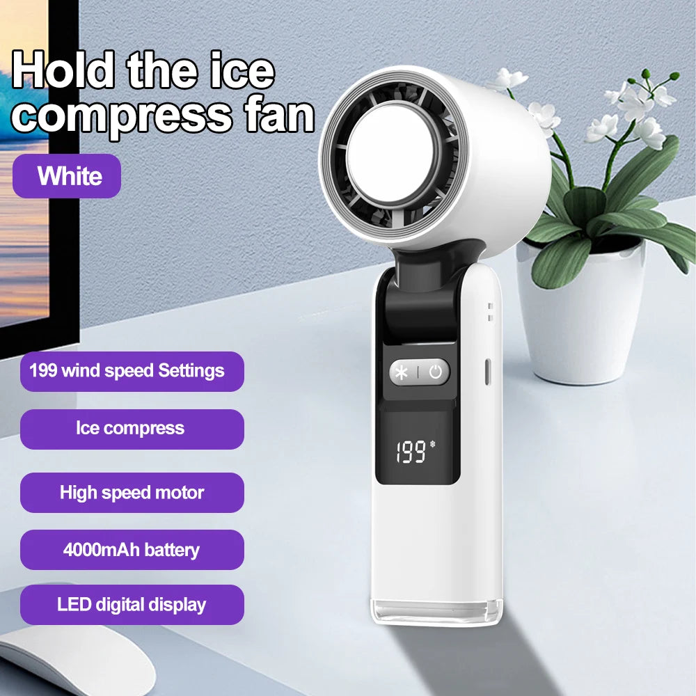 Outdoor Handheld Cold Compress Fan 3600mAh Quite High-speed Cold Air USB Rechargeable Mini Turbo Fan with Lanyard Portable Fan