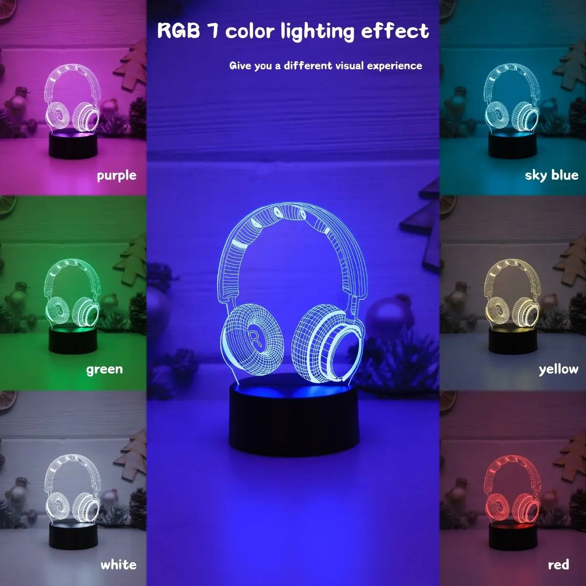 Headphones 3D visual night light, USB 7-color touch, suitable for game room bedroom decorative lights, gift lights