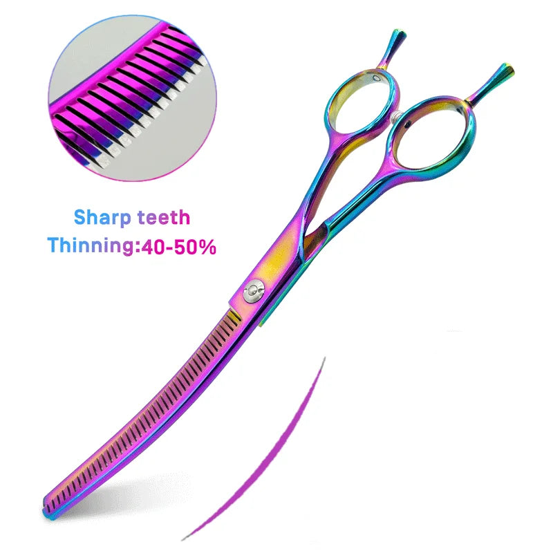 Colorful curved dog trimming clippers, 7.0 inch professional dog cutting scissors, pet trimming scissors.