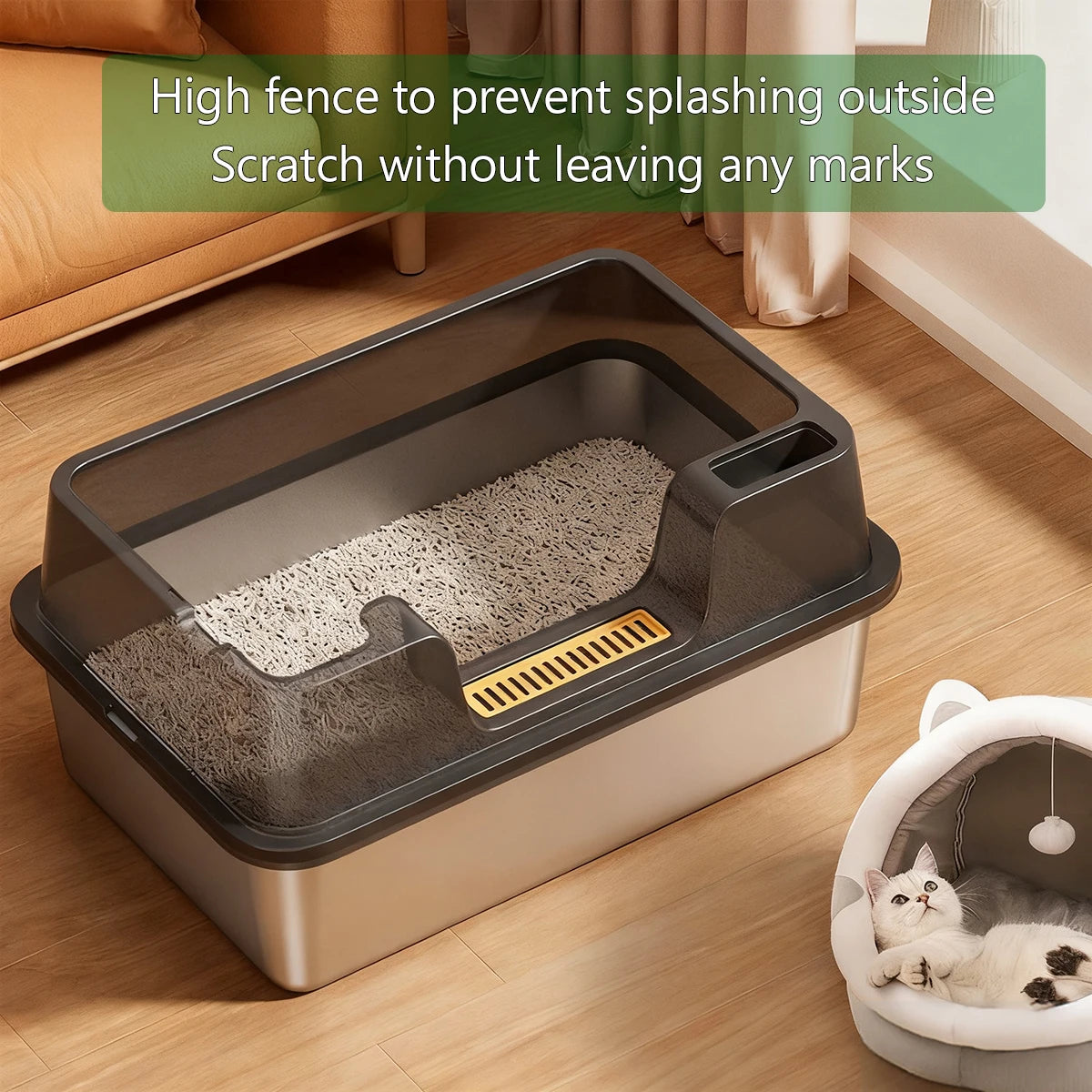 Stainless Steel Cat Litter Tray with Lid, Extra Large High Sided Enclosure Litter Boxes for Big Cats, Easy to Clean & No Odor