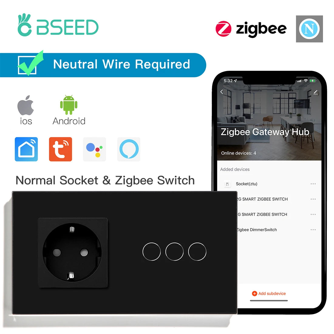 BSEED Zigbee Touch Switch — 1/2/3 Gang + Tomadas EU com Neutro