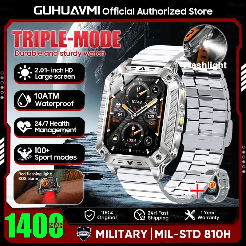 New Rugged Military Smart Watch Men 1400mAh Battery 2.01inch AMOLED Bluetooth Call 10ATM Waterproof LED Flashlight Smart Watch