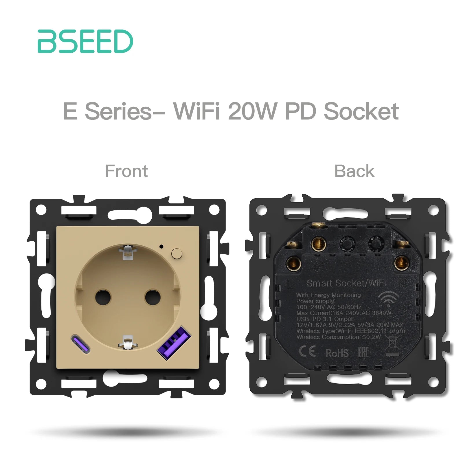 BSEED WiFi Click Switch Module — Moldura Vidro Ouro + Tomadas USB