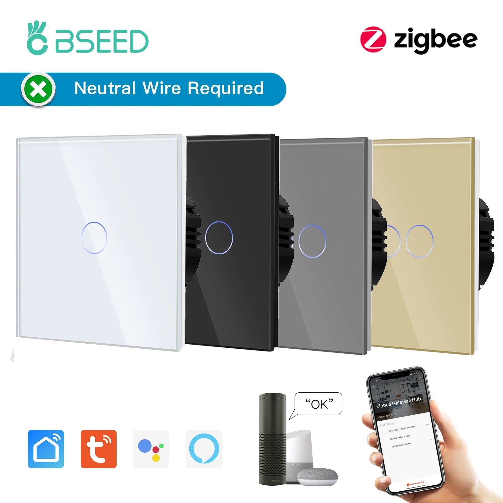 BSEED Zigbee Touch Switch — 1/2/3 Gang Smart Tuya Sem Neutro