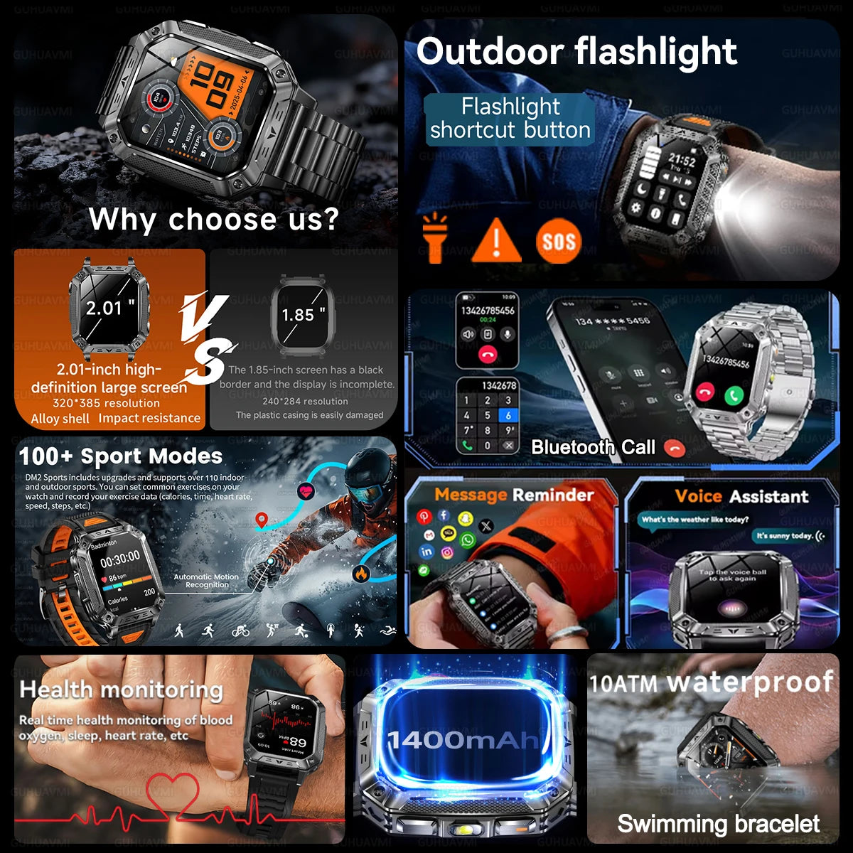 New Rugged Military Smart Watch Men 1400mAh Battery 2.01inch AMOLED Bluetooth Call 10ATM Waterproof LED Flashlight Smart Watch